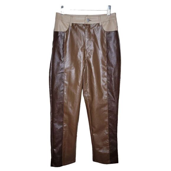 Le Lis Brown Faux Leather Color Block Straight Leg Crop High Rise Pants Size Sma - Picture 1 of 14